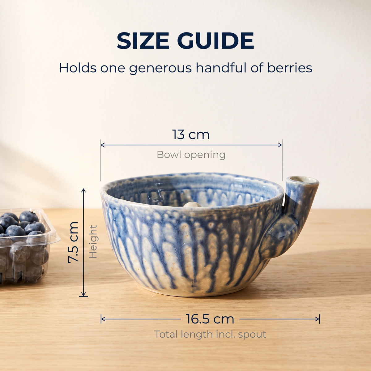 Size guide: 13 cm opening, 7.5 cm tall, 16.5 cm long