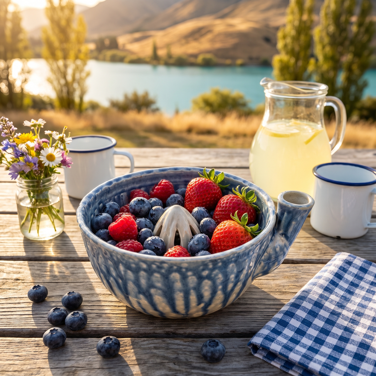 Lynley's Berry Washing Bowl in Clutha Blue with fresh berries on a bach deck above the lake