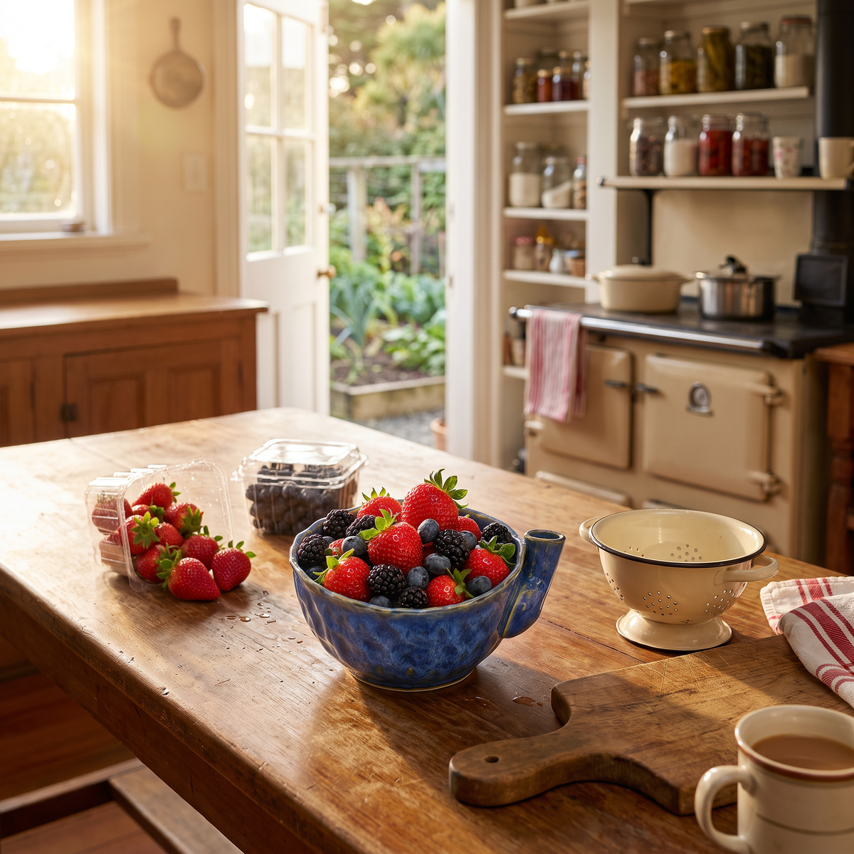 Lynley's Berry Washing Bowl in Deep Cobalt with fresh berries in a farmhouse kitchen