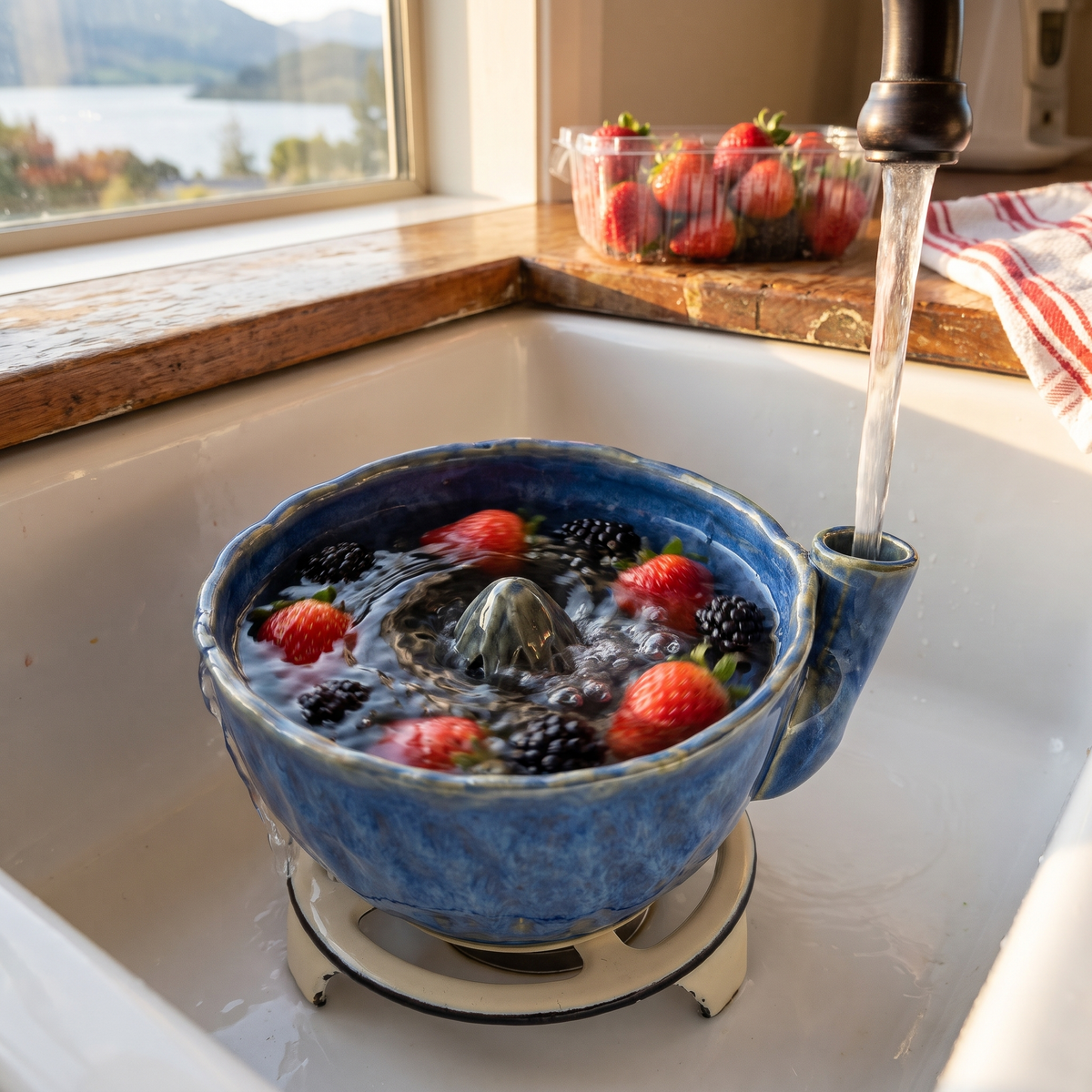 Deep Cobalt berry bowl rinsing strawberries under the tap