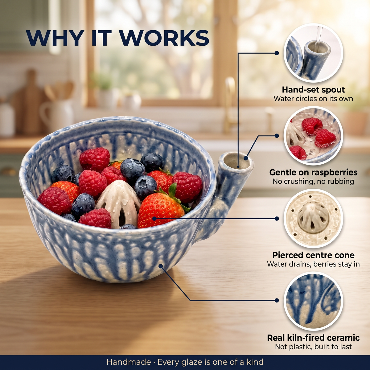 Why it works: hand-set spout, gentle on raspberries, pierced centre cone, real ceramic