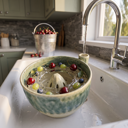 Thyme Sage berry bowl rinsing cherries under the tap