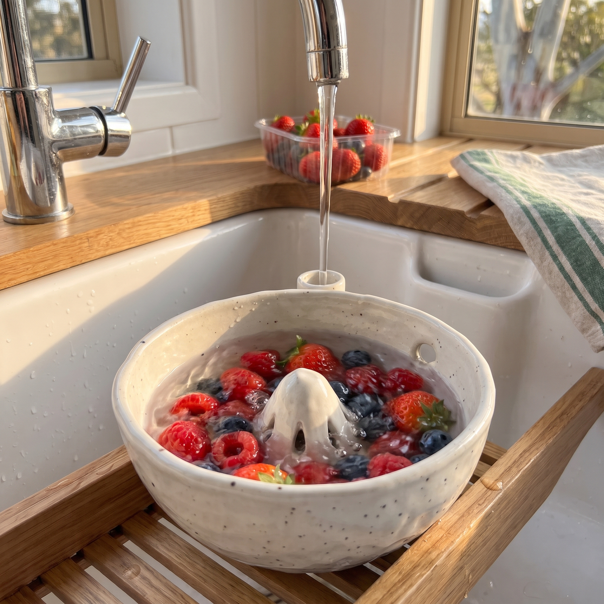 Bruny Cream berry bowl rinsing berries under the tap