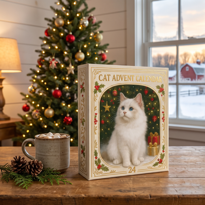 Imogene's Cat Advent Calendar, front cover with the painted white cat