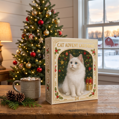 Imogene's Cat Advent Calendar, front cover with the painted white cat