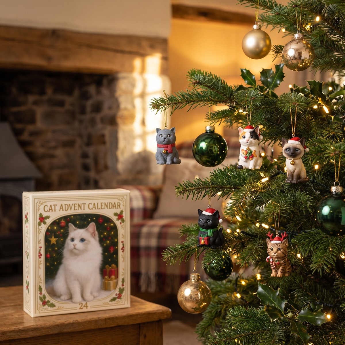 Hand-painted cat figurines from Rowena's Cat Advent Calendar on the Christmas tree