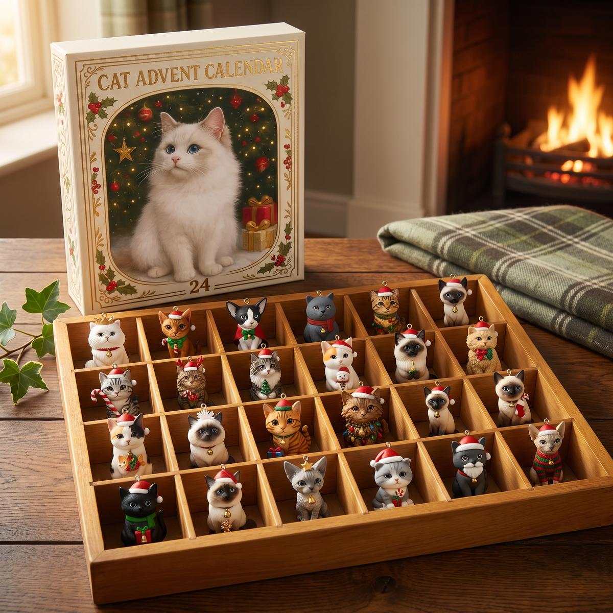 All 24 hand-painted cat figurines from Rowena's Cat Advent Calendar