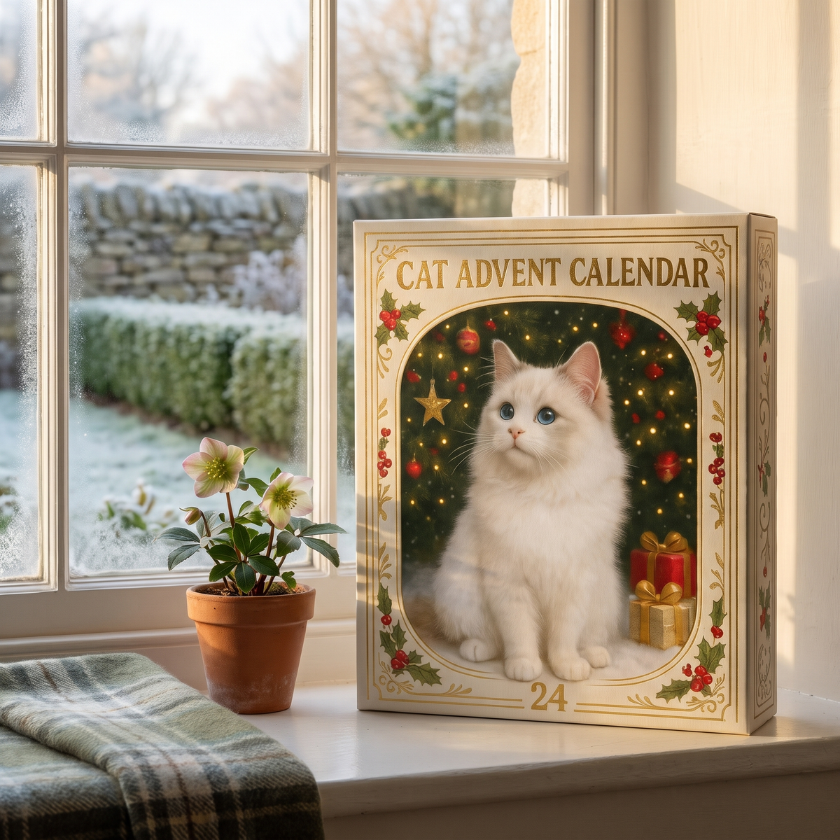 Rowena's Cat Advent Calendar, front cover with the painted white cat