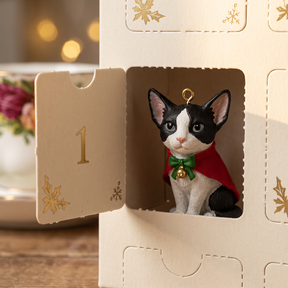 Door 1 of Rowena's Cat Advent Calendar opened, tiny hand-painted cat figurine inside