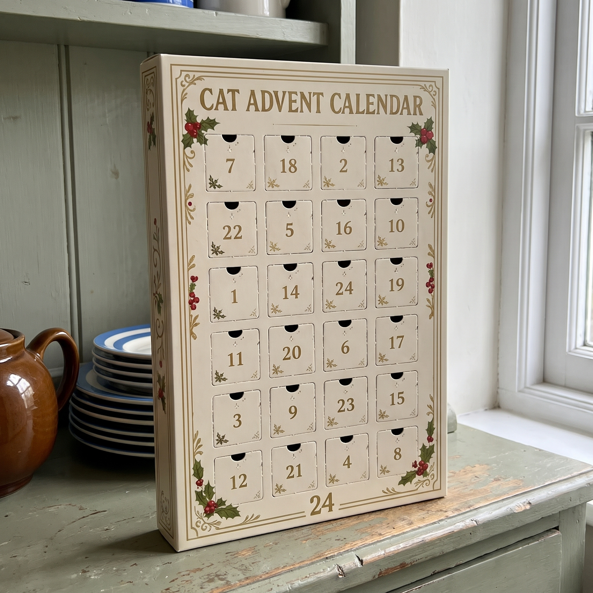 Rowena's Cat Advent Calendar, door side with 24 numbered doors