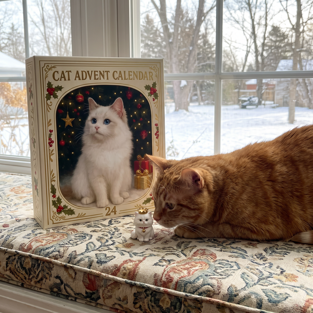 A house cat inspecting the first figurine next to Imogene's Cat Advent Calendar