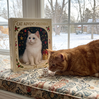 A house cat inspecting the first figurine next to Imogene's Cat Advent Calendar