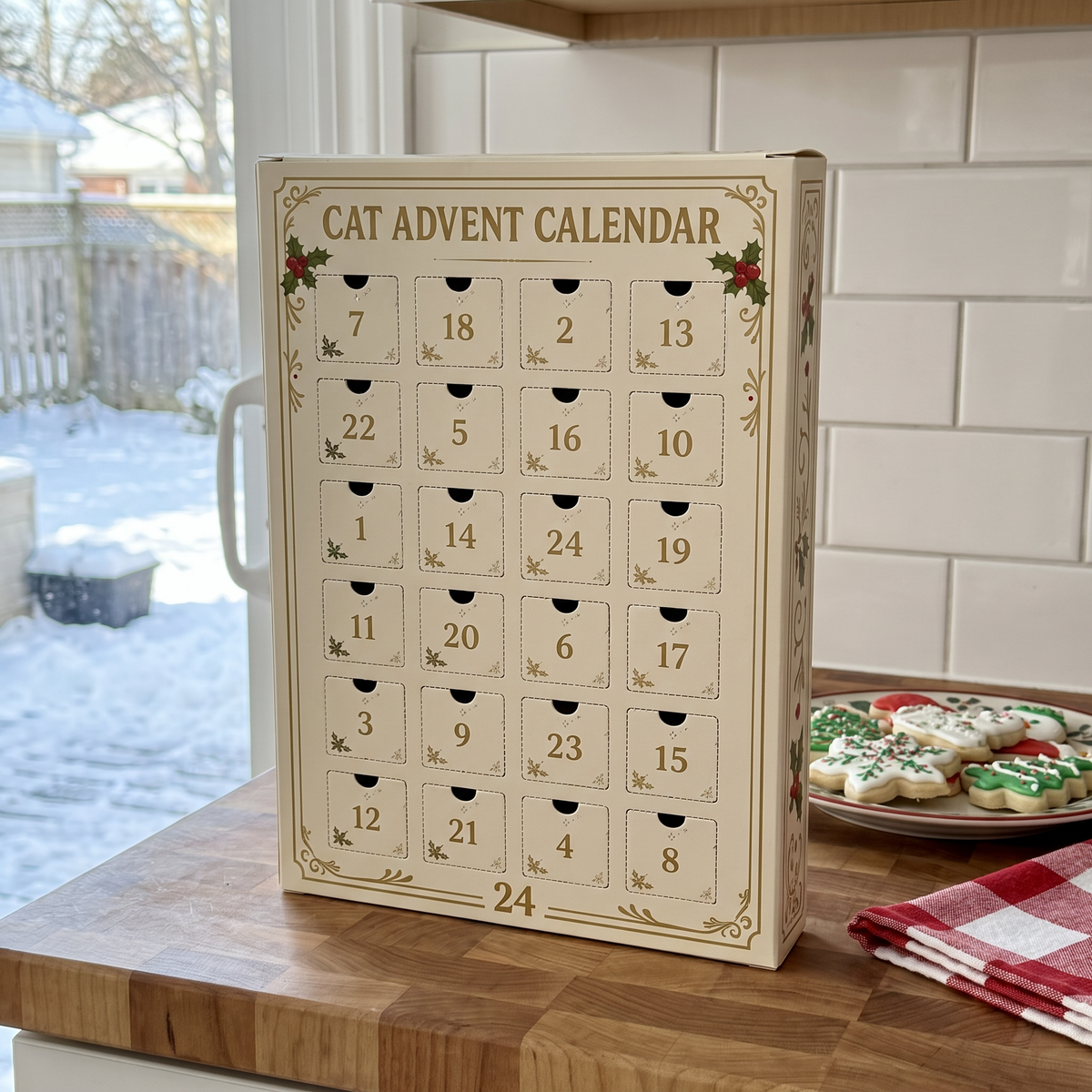 Imogene's Cat Advent Calendar, door side with 24 numbered doors