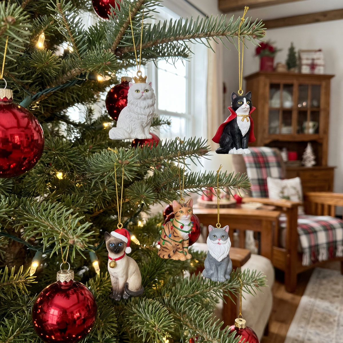 Hand-painted cat figurines from Imogene's Cat Advent Calendar on the Christmas tree