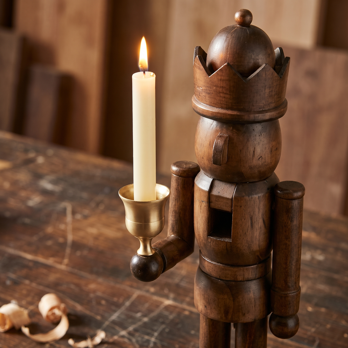 Close-up of the natural pine nutcracker's brass candle cup and walnut-stained wood grain