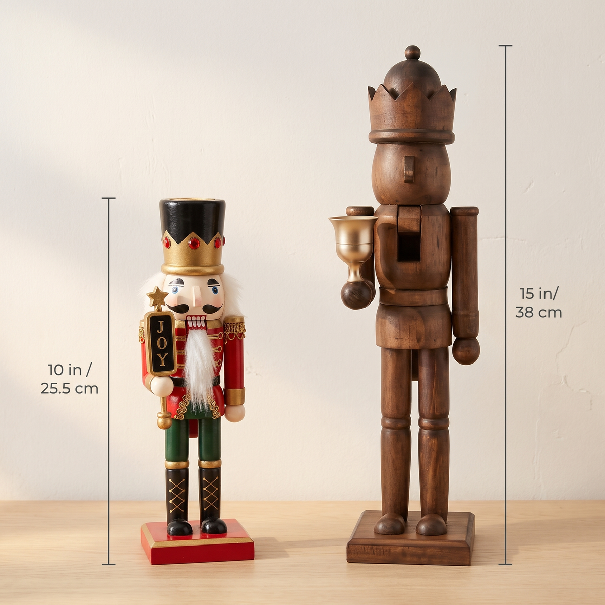 Size comparison: painted nutcracker 10 in / 25.5 cm and natural pine nutcracker 15 in / 38 cm