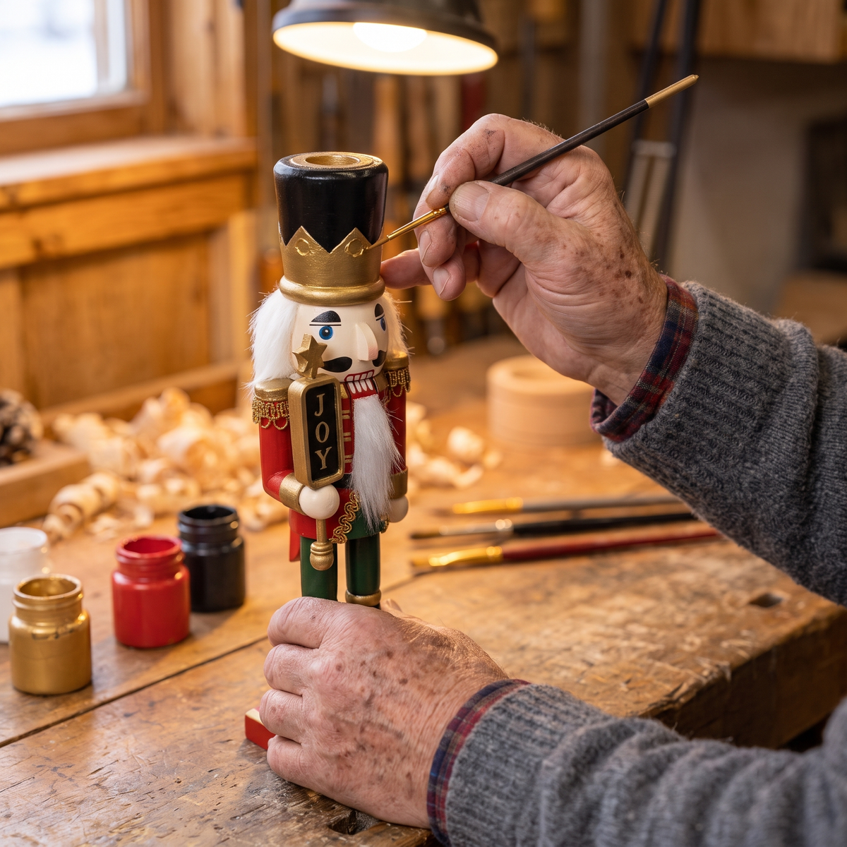 Norbert painting the gold rim of a nutcracker's hat by hand at his workbench