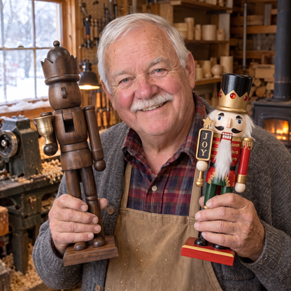 Norbert Lindemann holding a natural pine and a painted nutcracker in his workshop