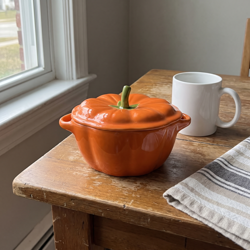 Pumpkin soup bowl with lid on a kitchen table next to a coffee mug for size