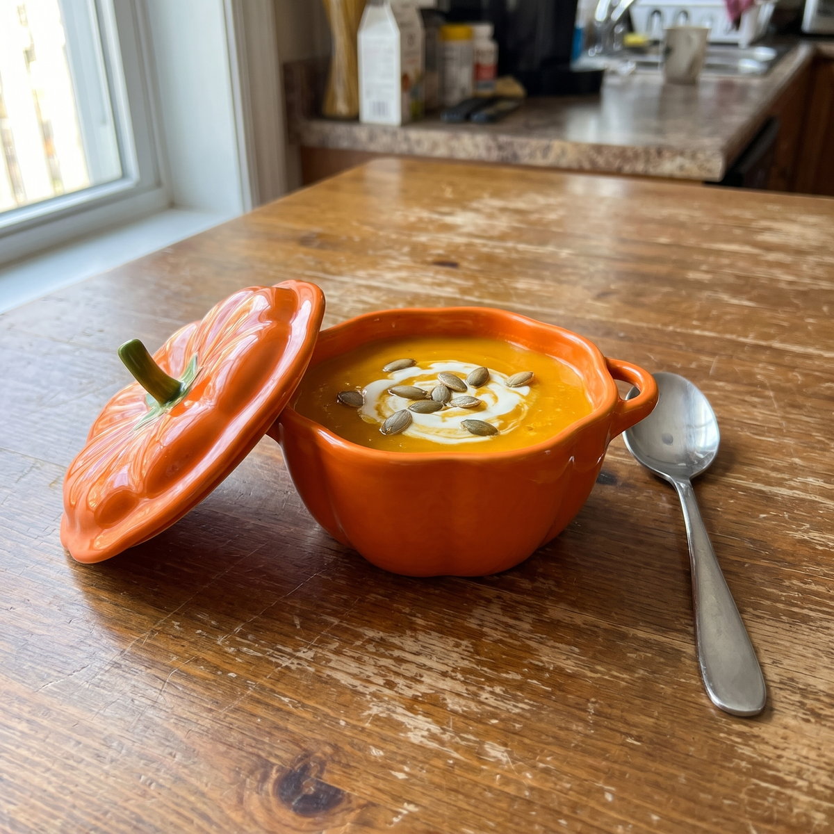 Pumpkin bowl filled with pumpkin soup, lid leaning against it