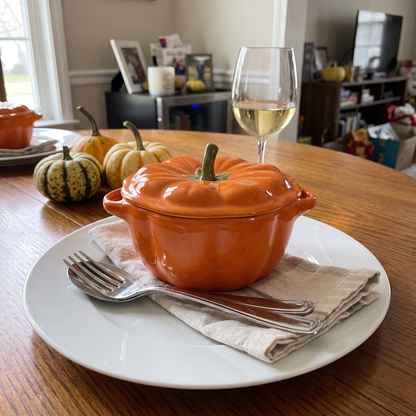 Pumpkin soup bowl on a Thanksgiving place setting