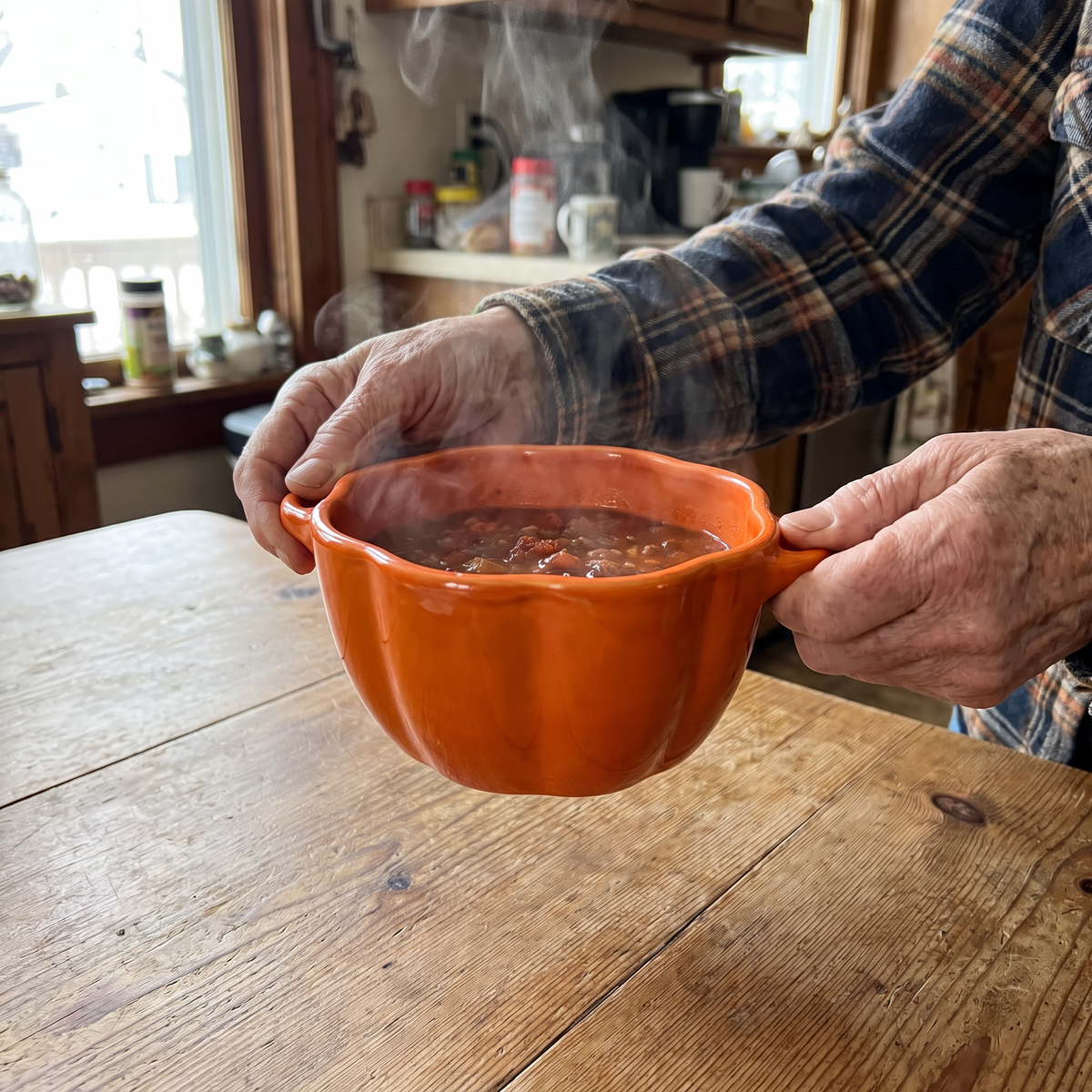 Two hands holding the pumpkin bowl by its side handles, filled with chili