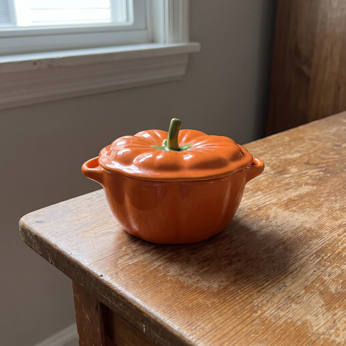 Close-up of the green stem lid and glazed ribs of the pumpkin bowl