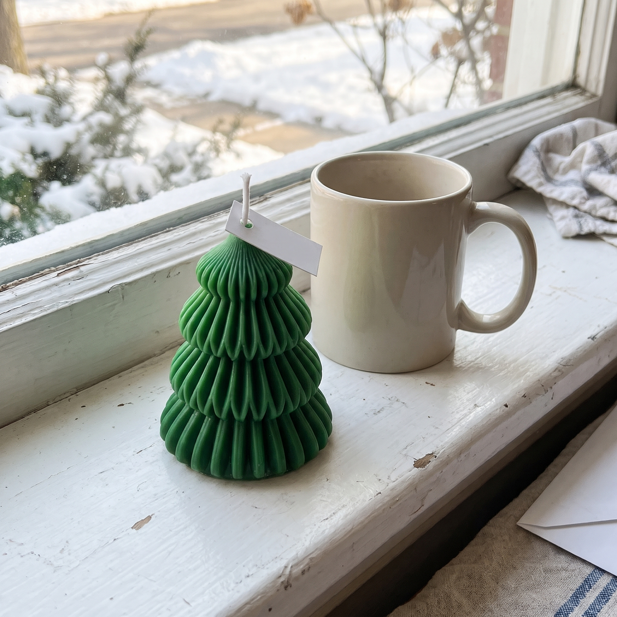 Round green Fraser Tree candle on a snowy windowsill