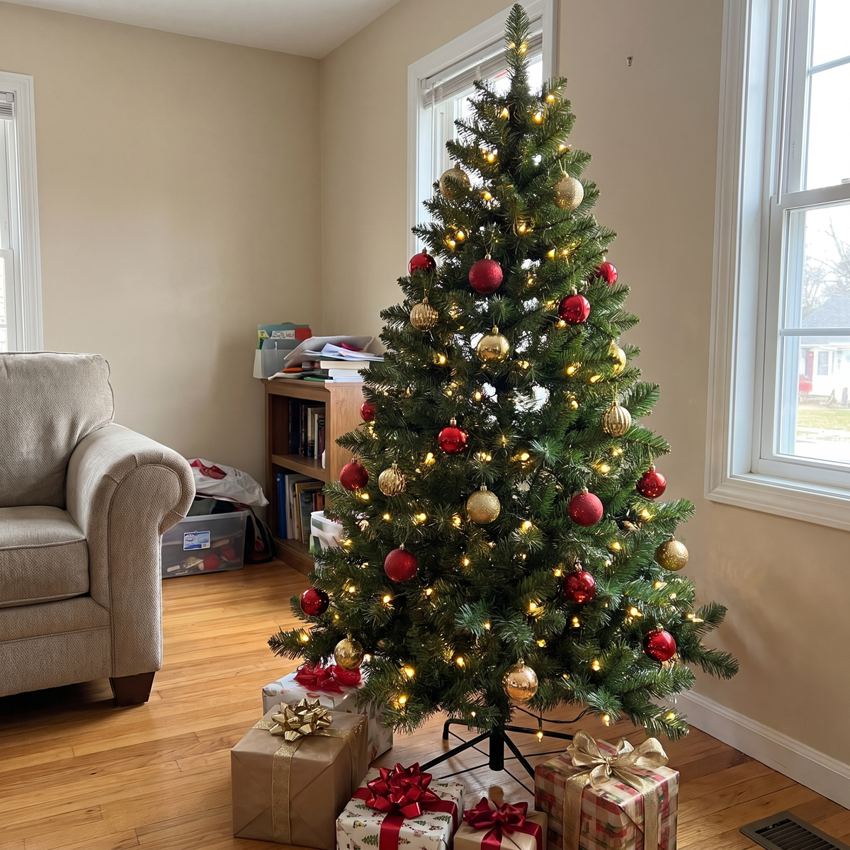 5 ft Christmas tree decorated with lights and red and gold baubles