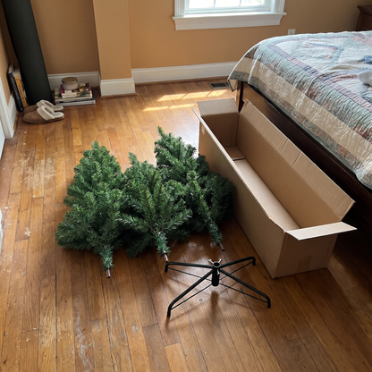 Three tree sections and stand next to the storage box