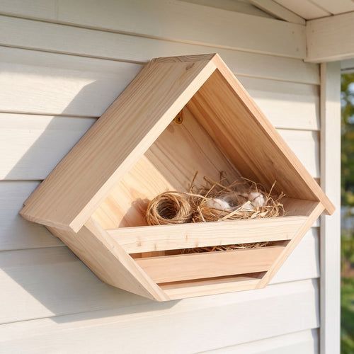 Henning's open-front cedar nesting shelf on a porch wall