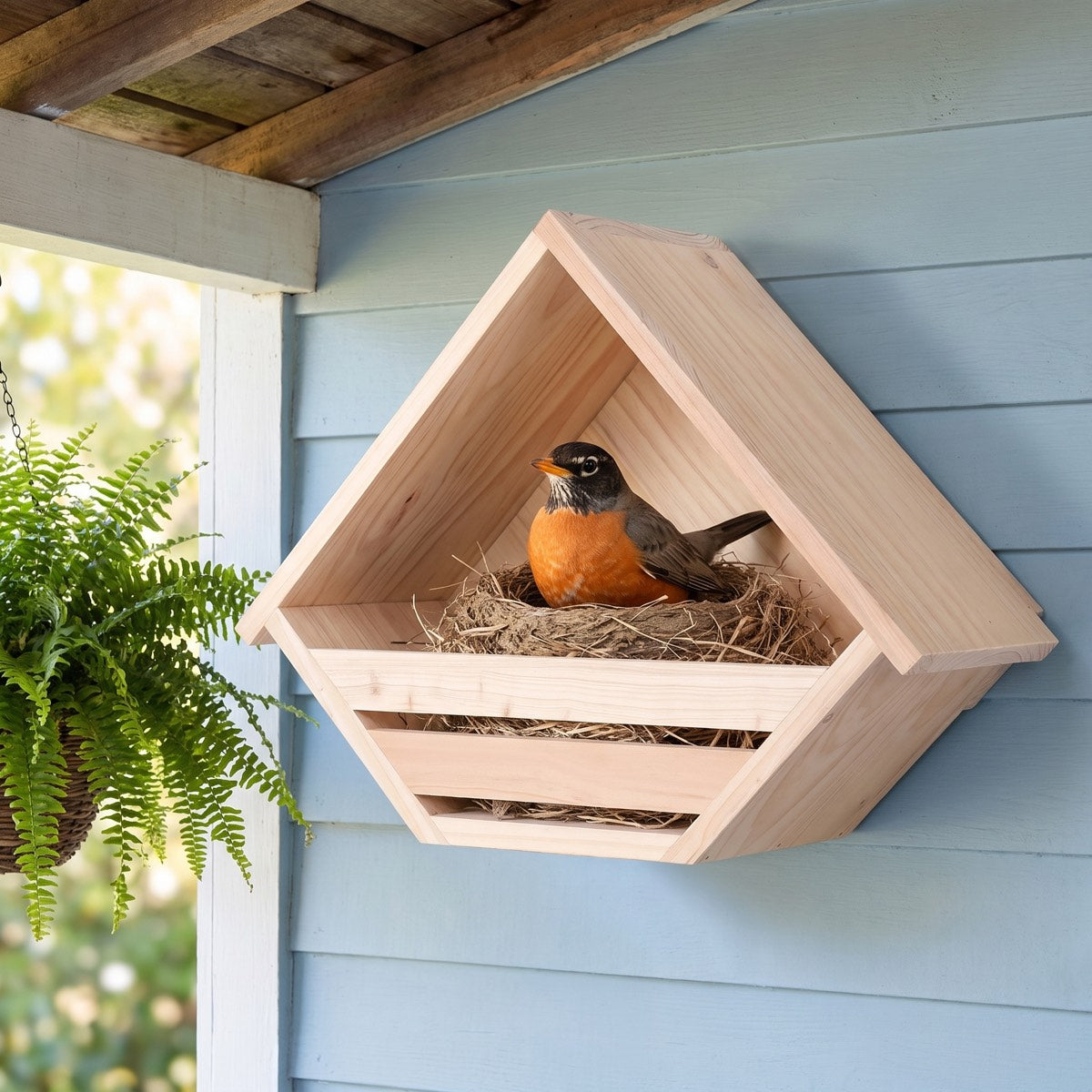 An American robin nesting in the shelf under a porch roof
