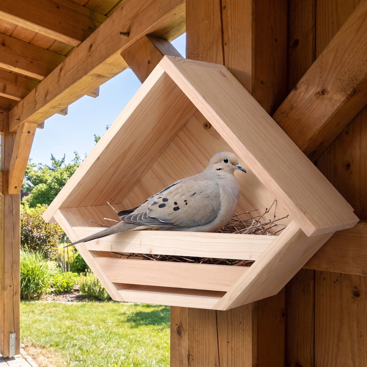 A mourning dove sitting in the shelf under a carport