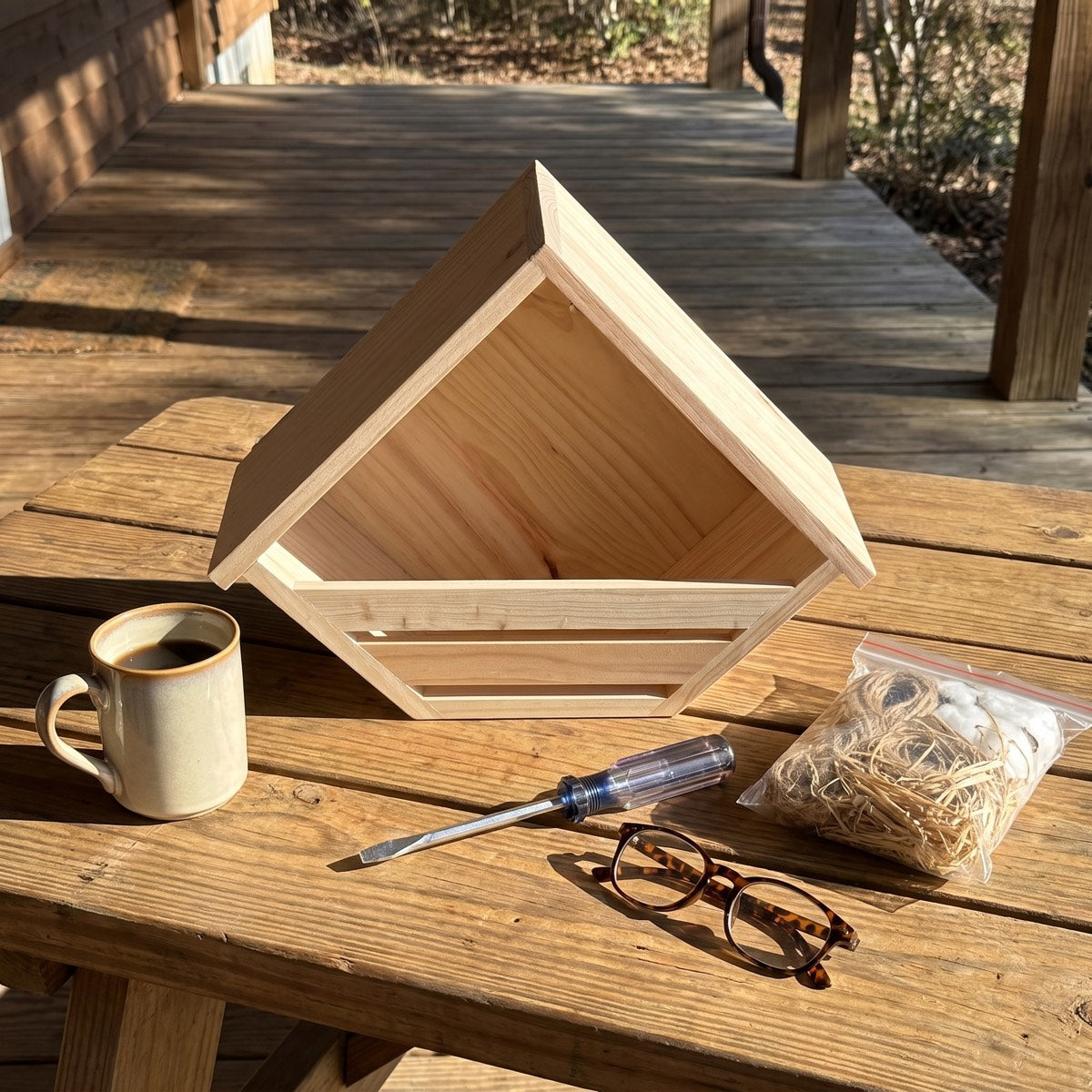 The nesting shelf on a porch table next to a coffee mug for size