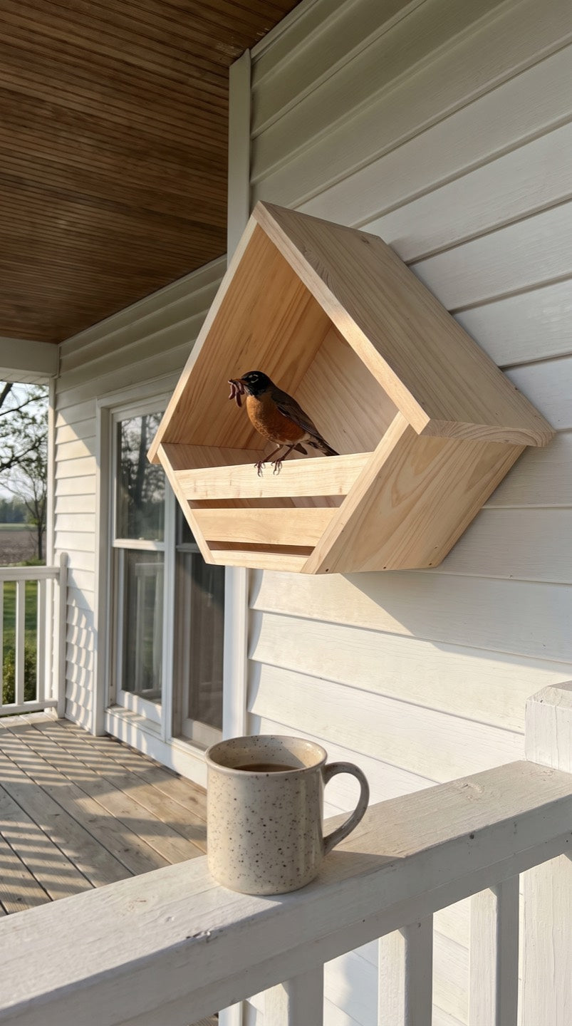Coffee on the porch railing, robin on the shelf
