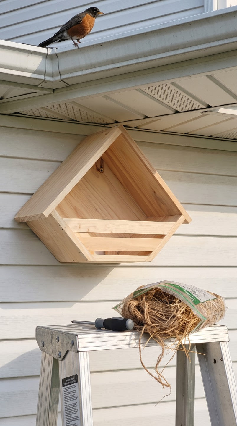 Freshly hung shelf above a step ladder