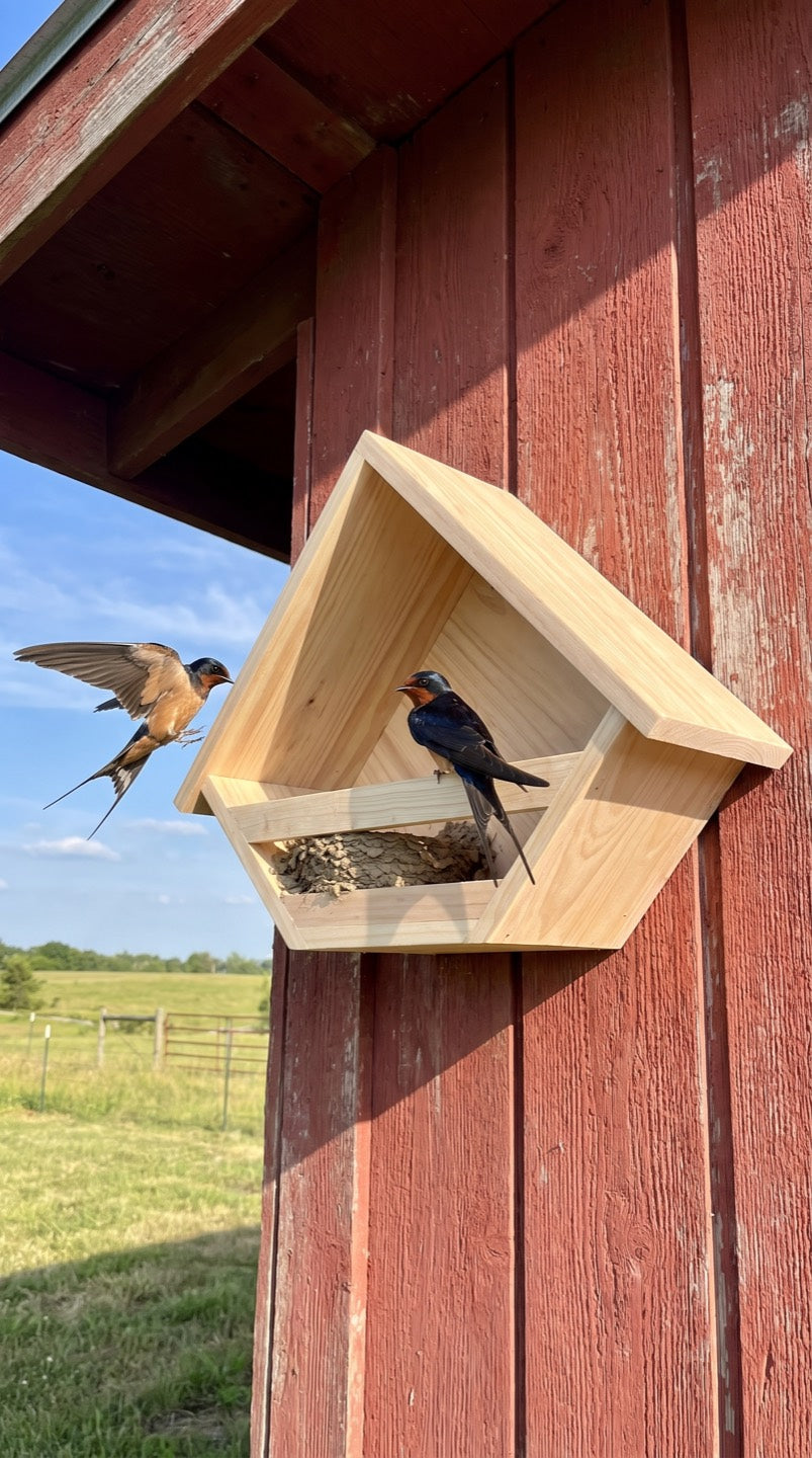 Barn swallows at the shelf on a red barn