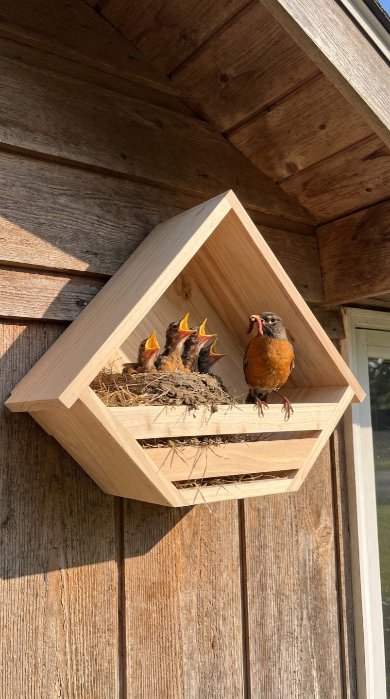 Robin chicks in the shelf with the parent holding a worm