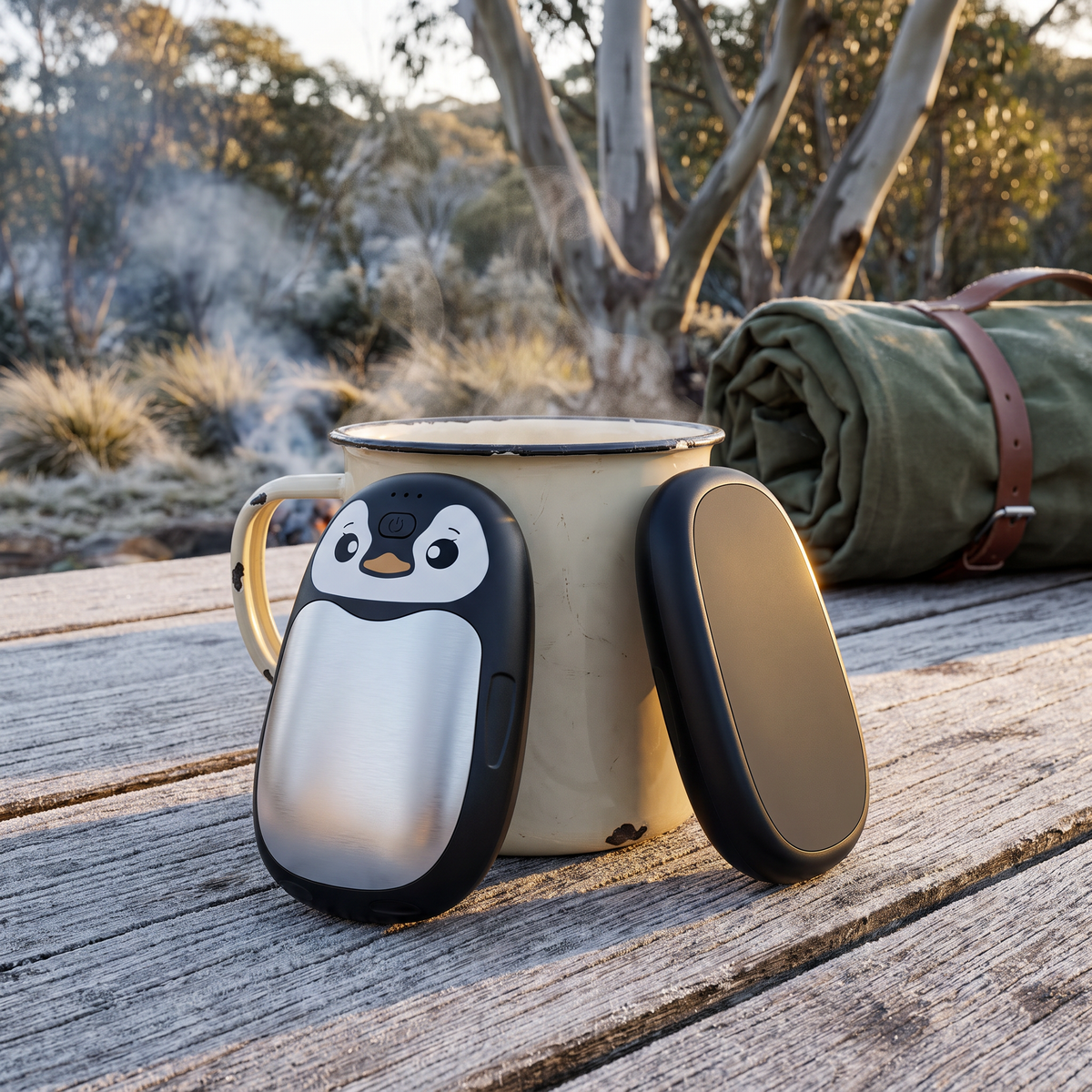 Penguin hand warmer leaning against an enamel mug on a frosty outdoor table