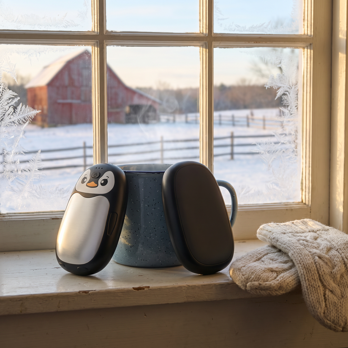 Penguin hand warmer, both halves propped against a mug on a frosty windowsill