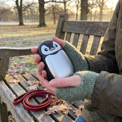 Hands in knitted fingerless gloves holding the penguin hand warmer on a park bench
