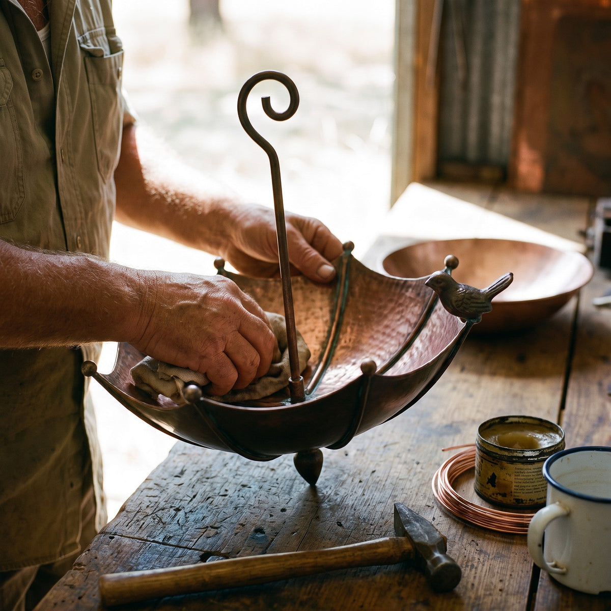 Finishing the copper patina by hand on the workbench
