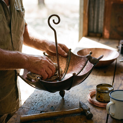 Finishing the copper patina by hand on the workbench