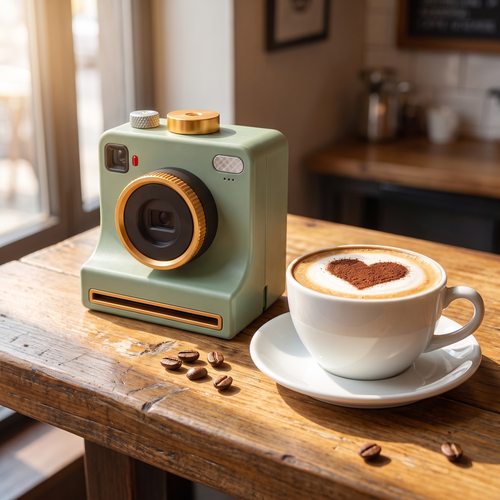 Sage green latte art camera next to a cappuccino with a cocoa heart