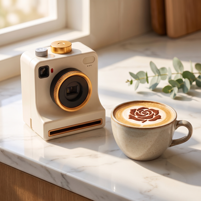 Cream latte art camera next to a latte with a cocoa rose
