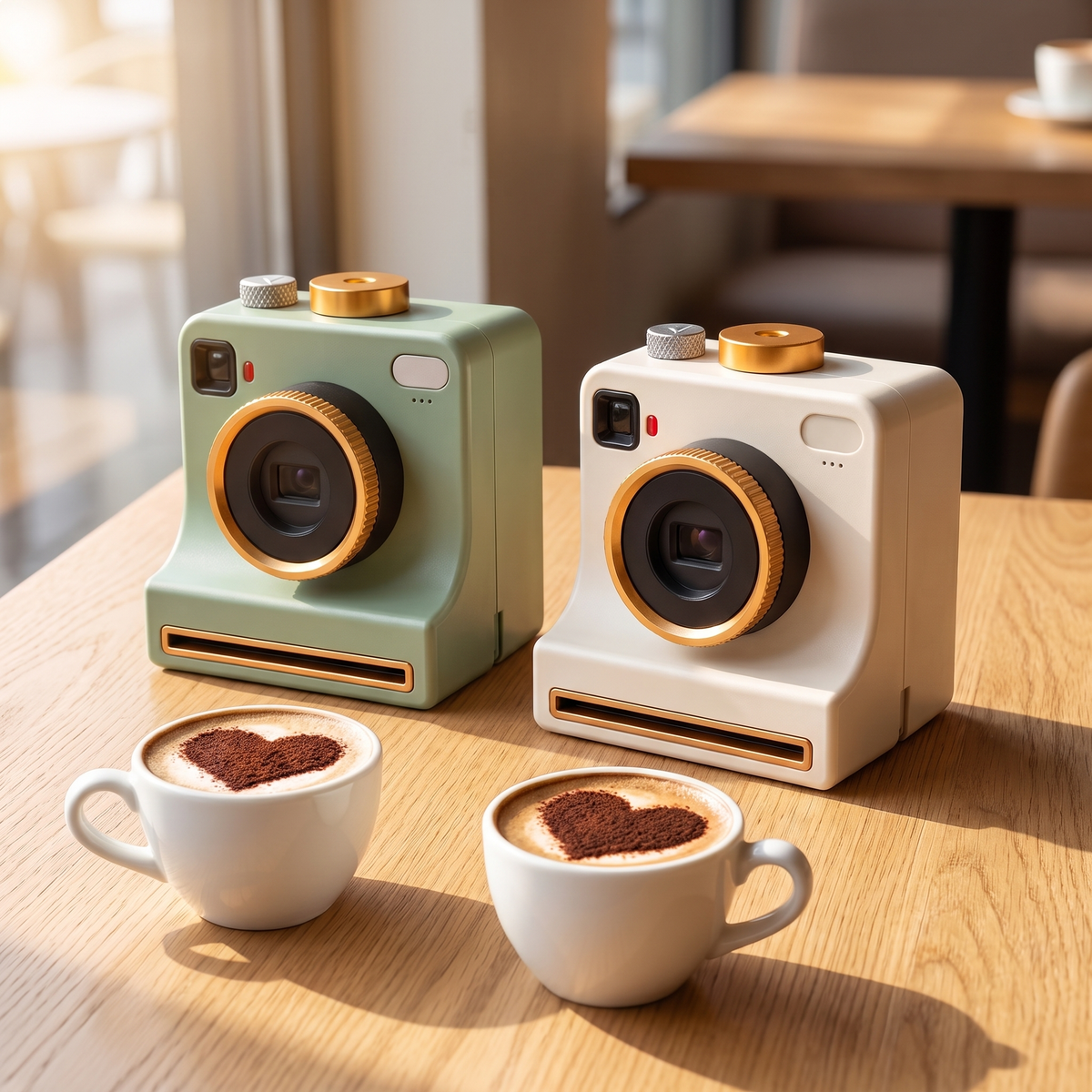 Sage green and cream latte art cameras side by side