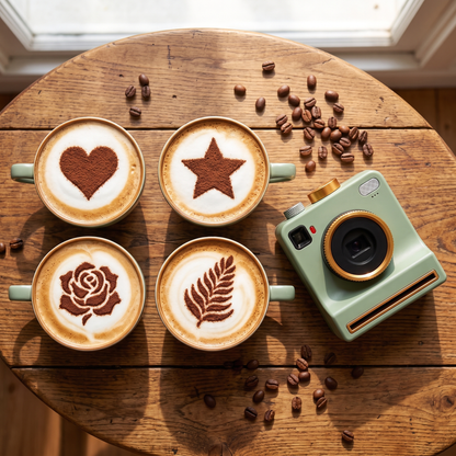 Four cappuccinos with heart, star, rose and leaf designs