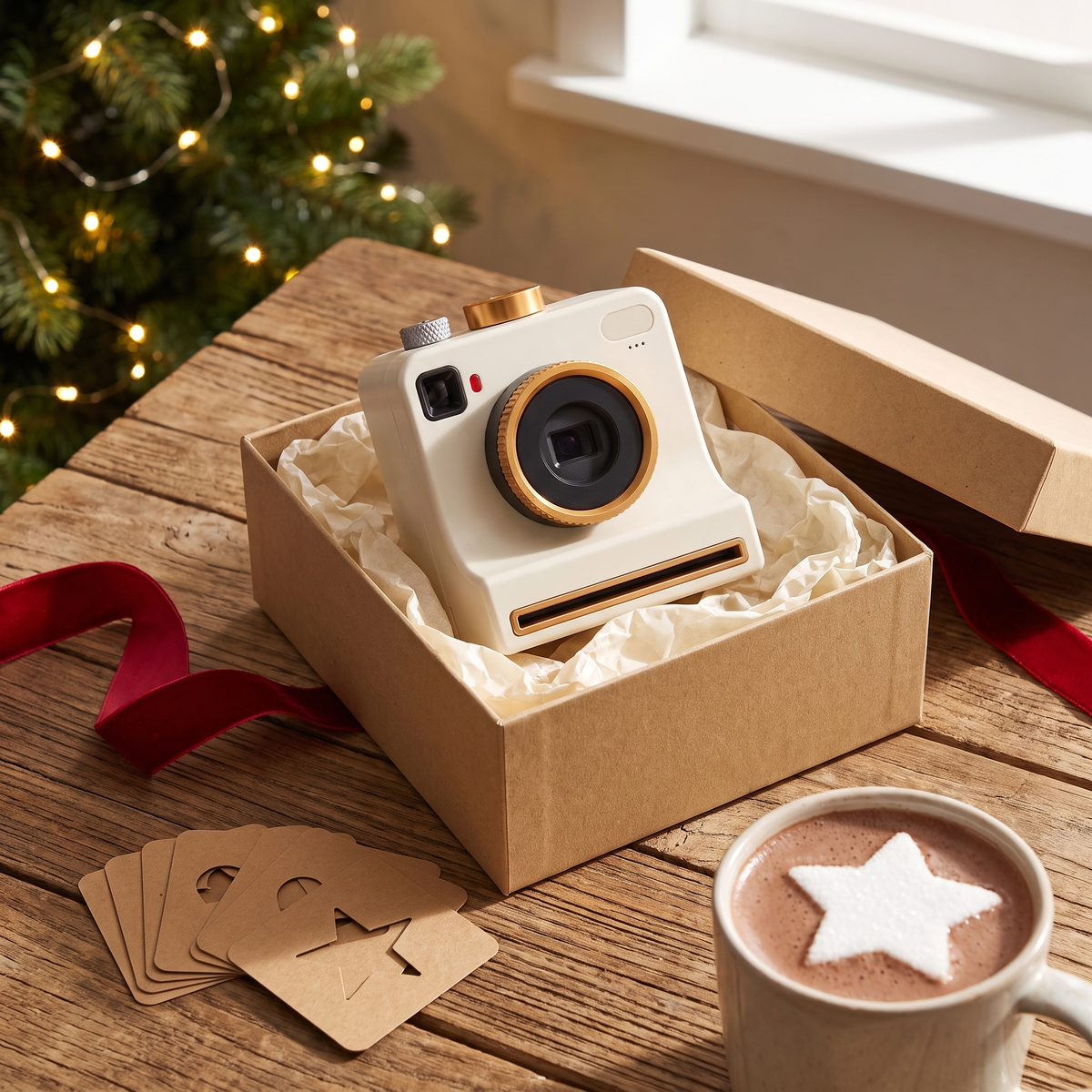 Cream latte art camera in a gift box with hot chocolate