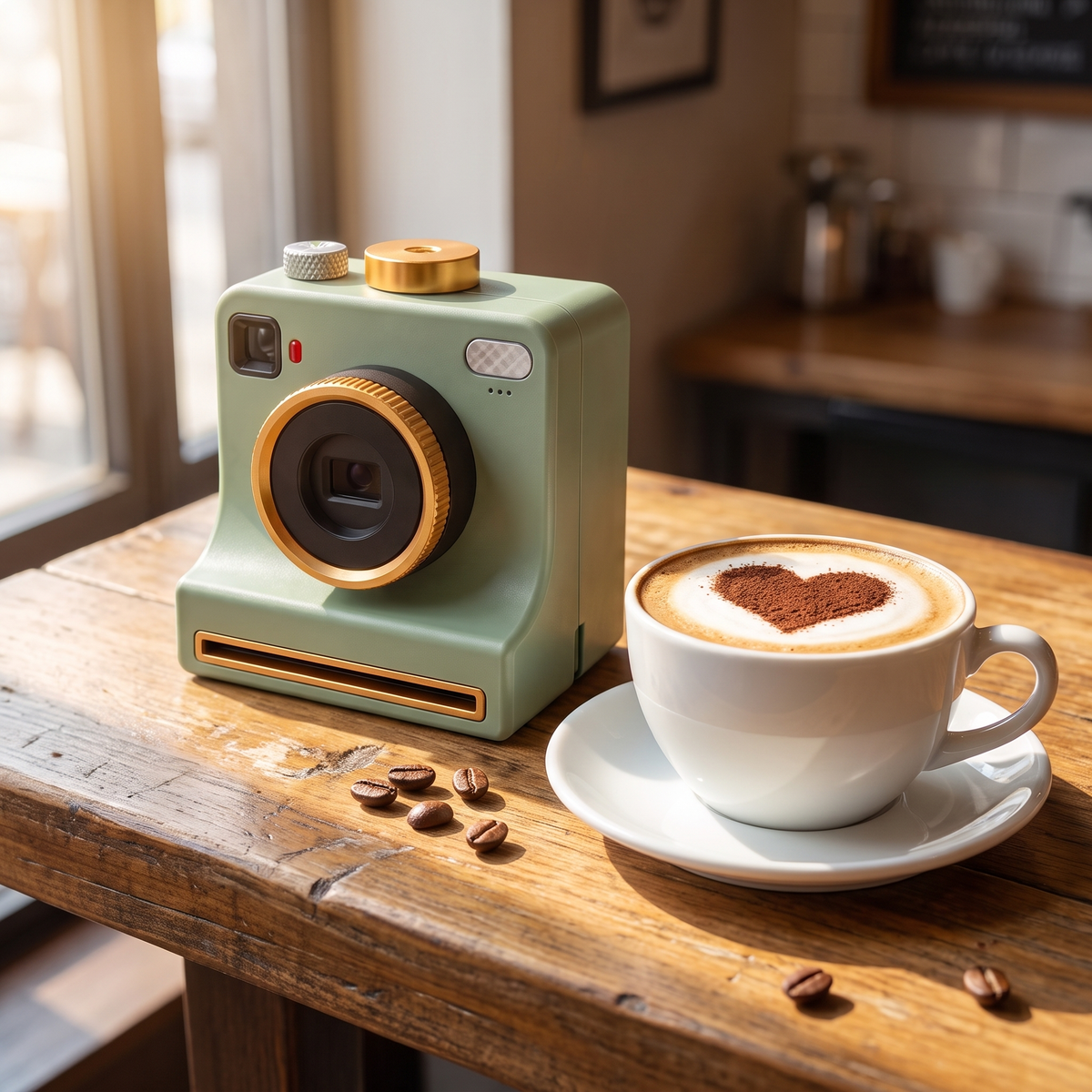Sage green latte art camera next to a cappuccino with a cocoa heart