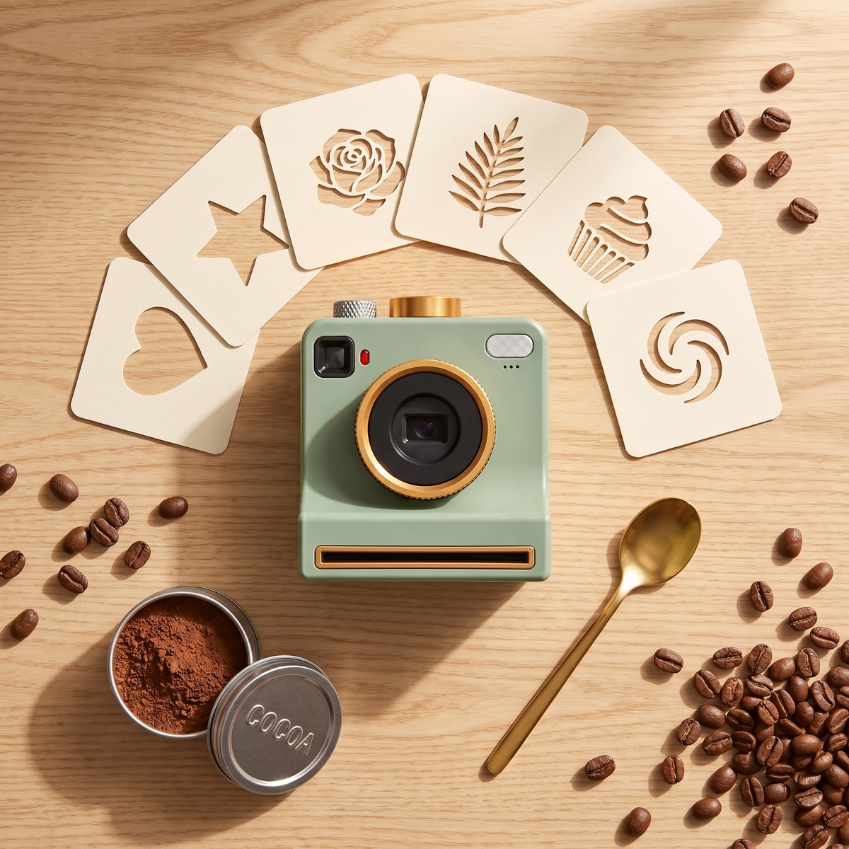 Latte art camera with stencil cards, cocoa and gold spoon